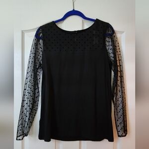 LOFT Black Blouse with Sheer Polka Dot Sleeves